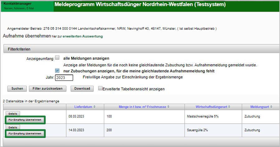 Neue Übersicht für Empfänger - Aufnahme übernehmen