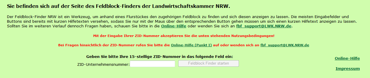 Feldblockfinder Startbildschirm