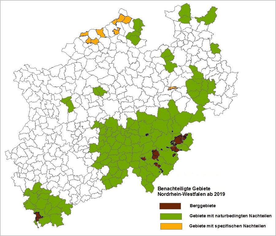 Karte: Benachteiligte Gebiete in Nordrhein-Westfalen ab 2019