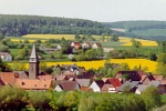 Dorf mit Rapsfeldern