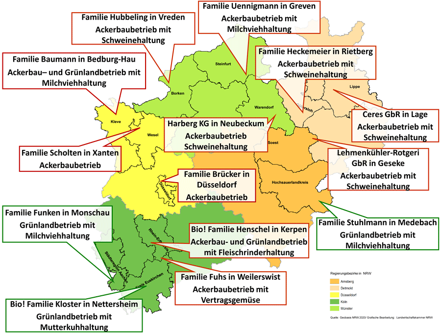 Karte von NRW mit den Leitbetrieben Biodiversität
