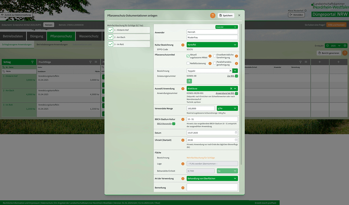 Beispiel Pflanzenschutzdokumentation