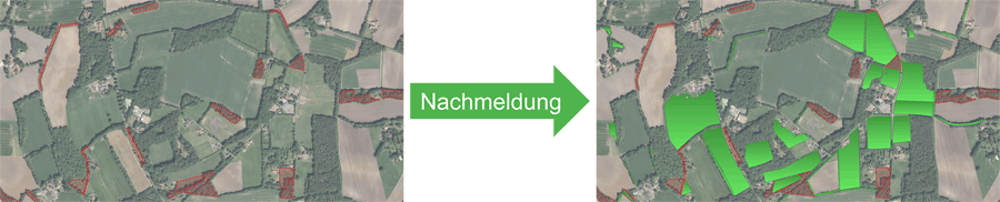 Vor der Nachmeldung wurden nur die roten ATKIS-Flächen berücksichtigt, die grünen Flächen wurden nachgemeldet