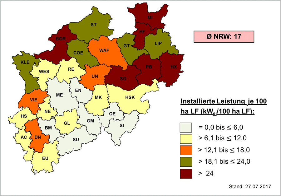 Abbildung 2: Installierte elektrische Biogasanlagenleistung (kW) je 100 Hektar LF in den einzelnen Landkreisen in NRW 2016