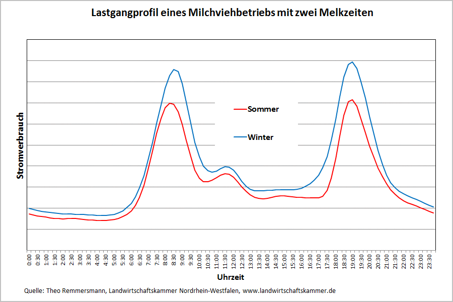 Lastgangprofil eines Milchviehbetriebs mit zwei Melkzeiten